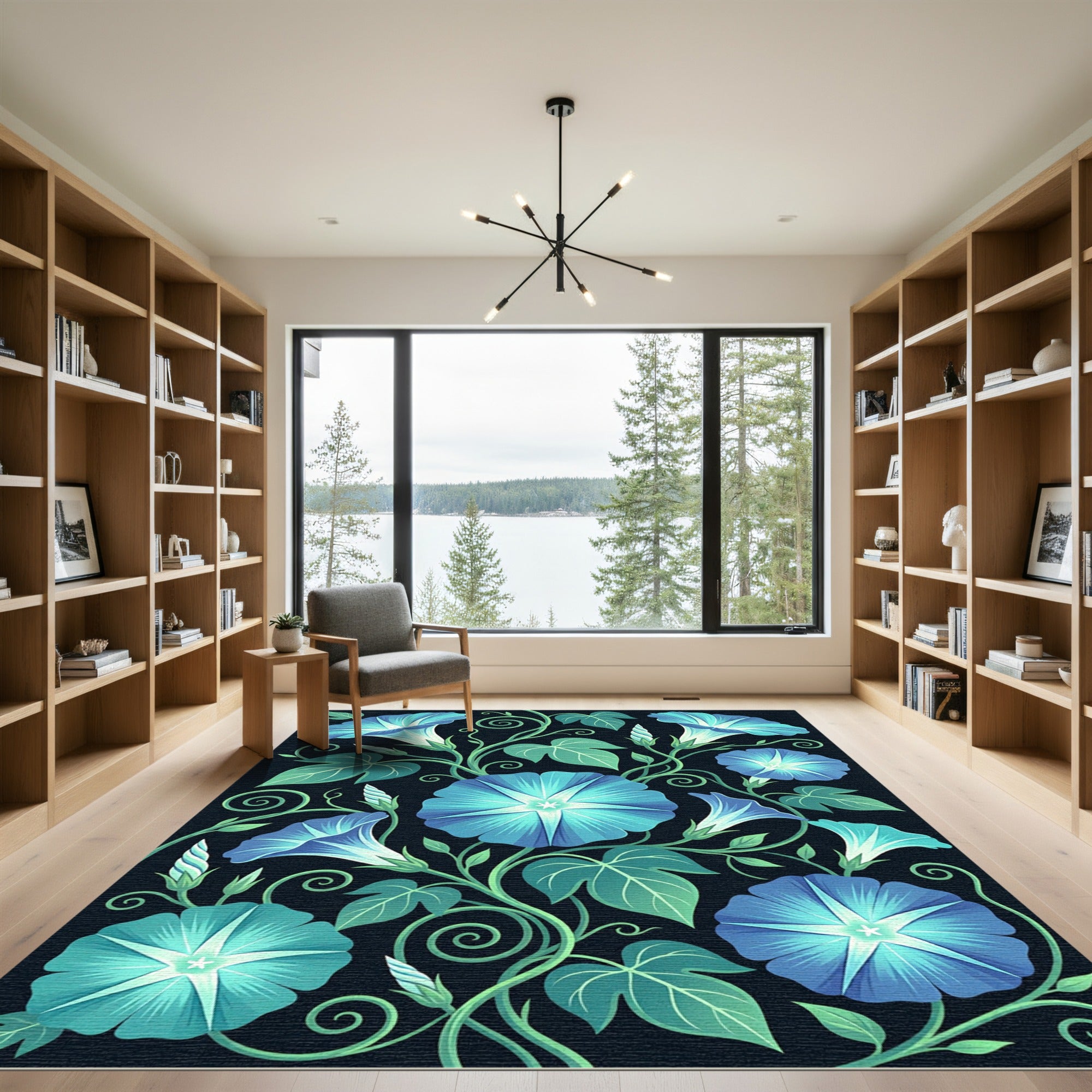Luminous Blue Morning Glory Botanical Rug
