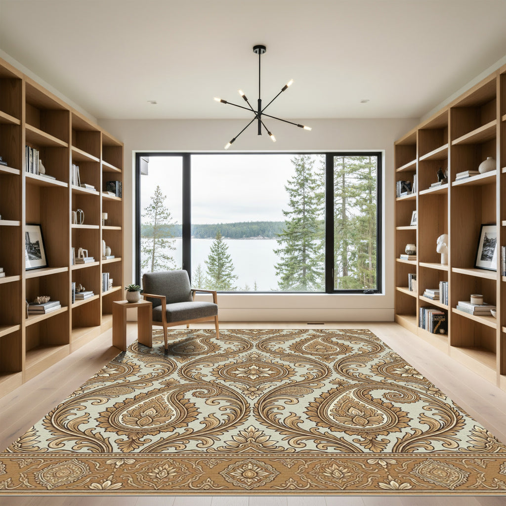 Golden Paisley Floral Scrolling Vine Rug