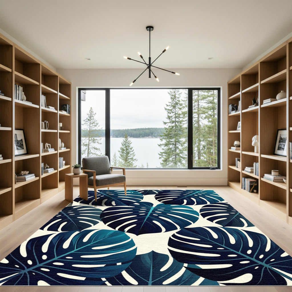Deep Teal Monstera Leaf Pattern Rug