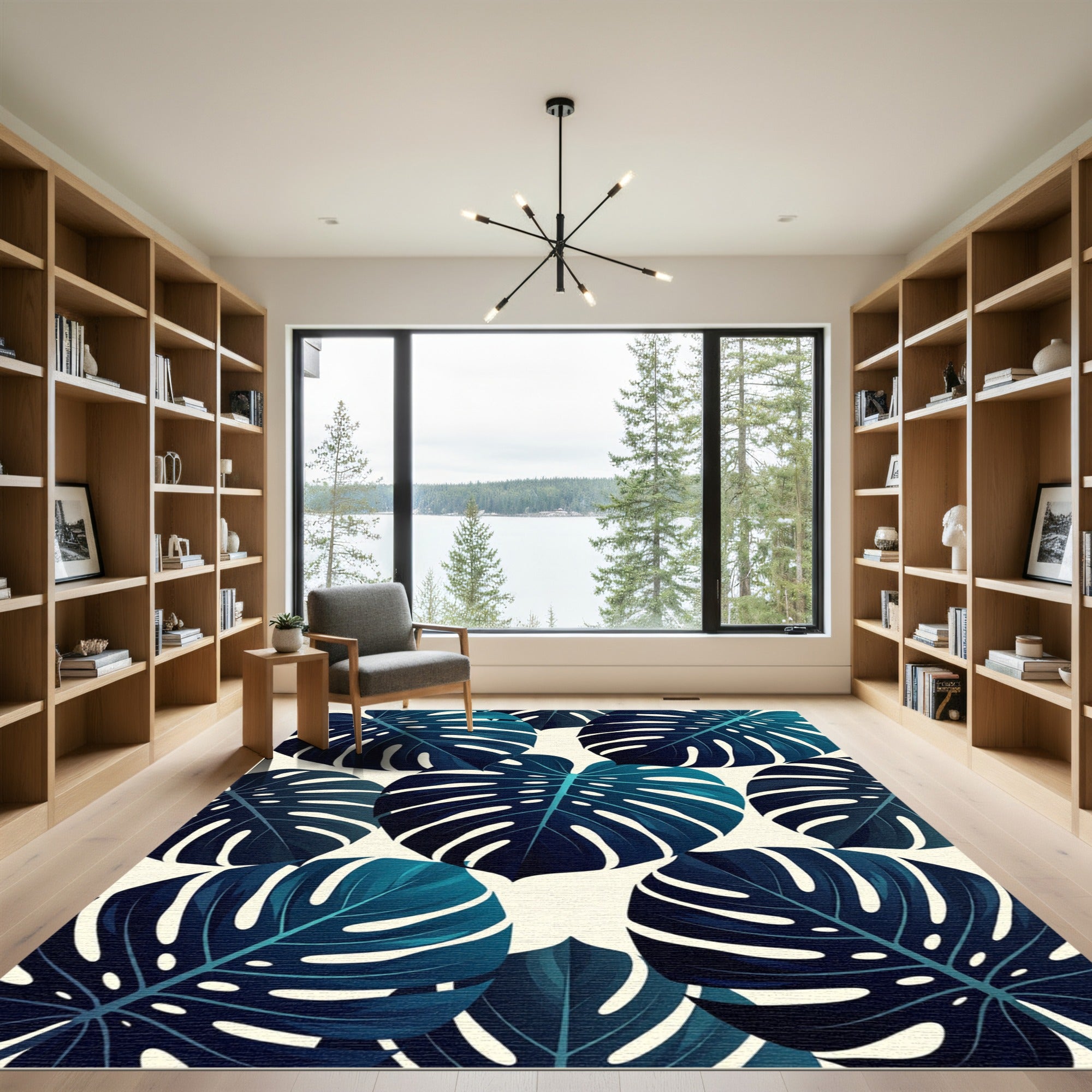 Deep Teal Monstera Leaf Pattern Rug