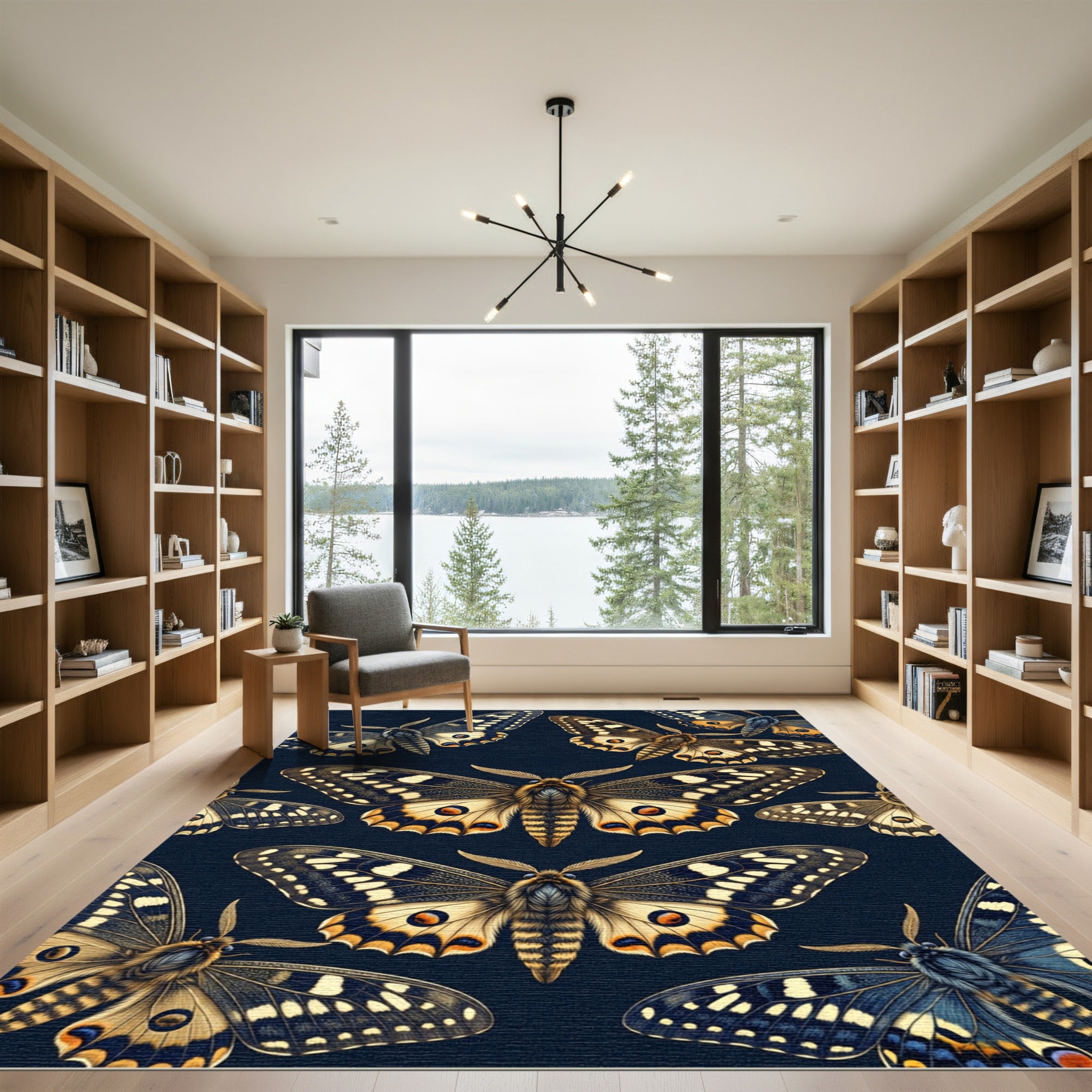 Dark Navy Whimsical Butterfly Moth Meadow Rug