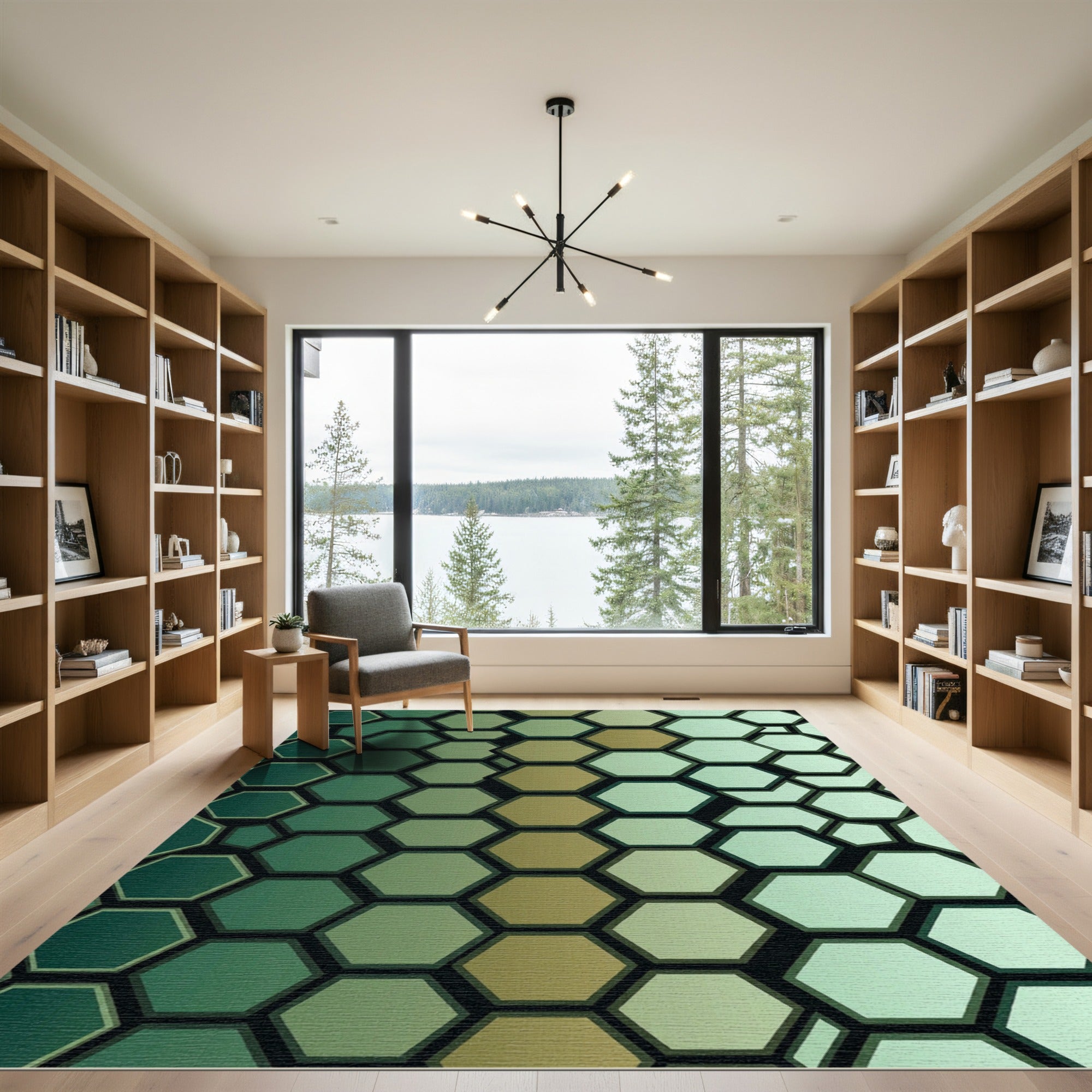 Sophisticated Emerald Gold Gradient Hexagonal Mosaic Rug