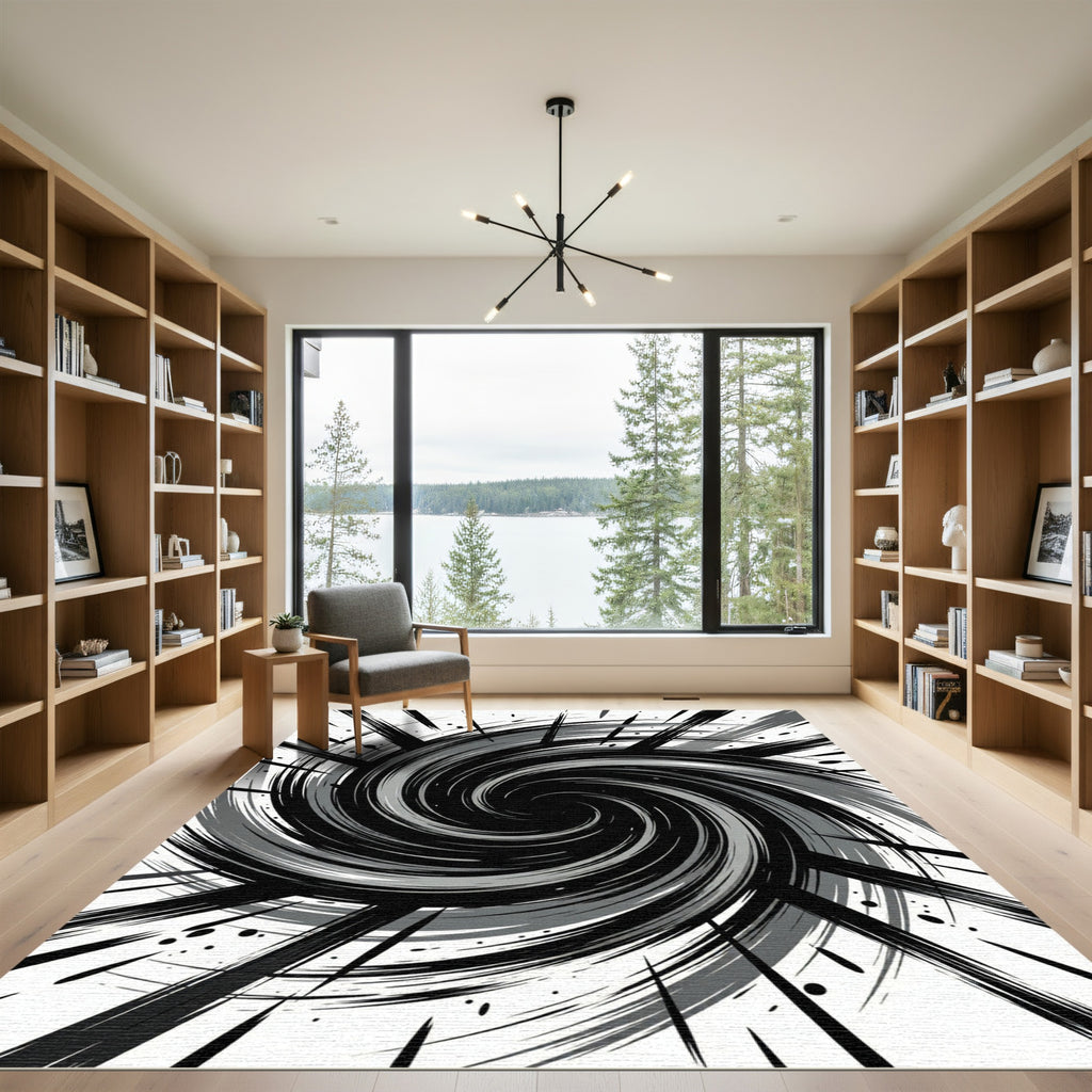 Monochrome Swirling Vortex Graphic Abstract Rug