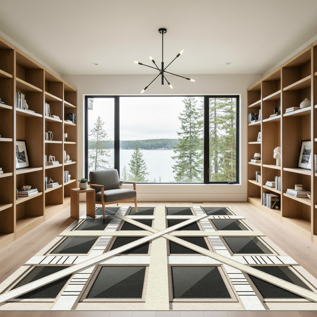 Modern Beige Geometric Grid Rug