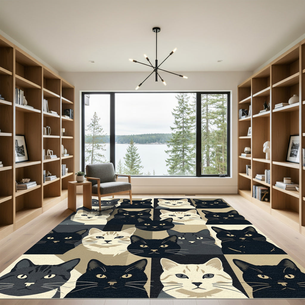 Graphic Monochromatic Cat Grid Art Rug