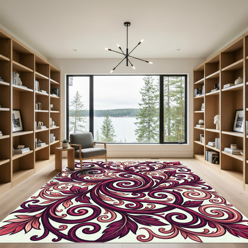 Deep Burgundy Floral Scroll Swirl Rug