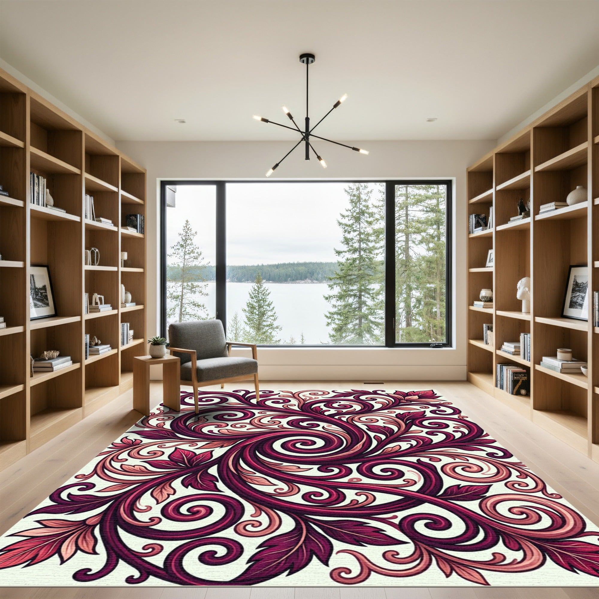Deep Burgundy Floral Scroll Swirl Rug