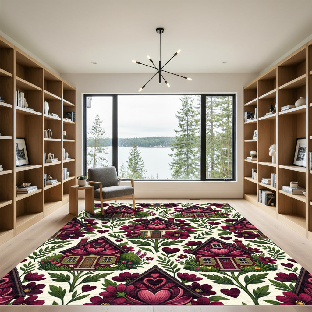 Crimson Floral Houses Heart Garden Rug