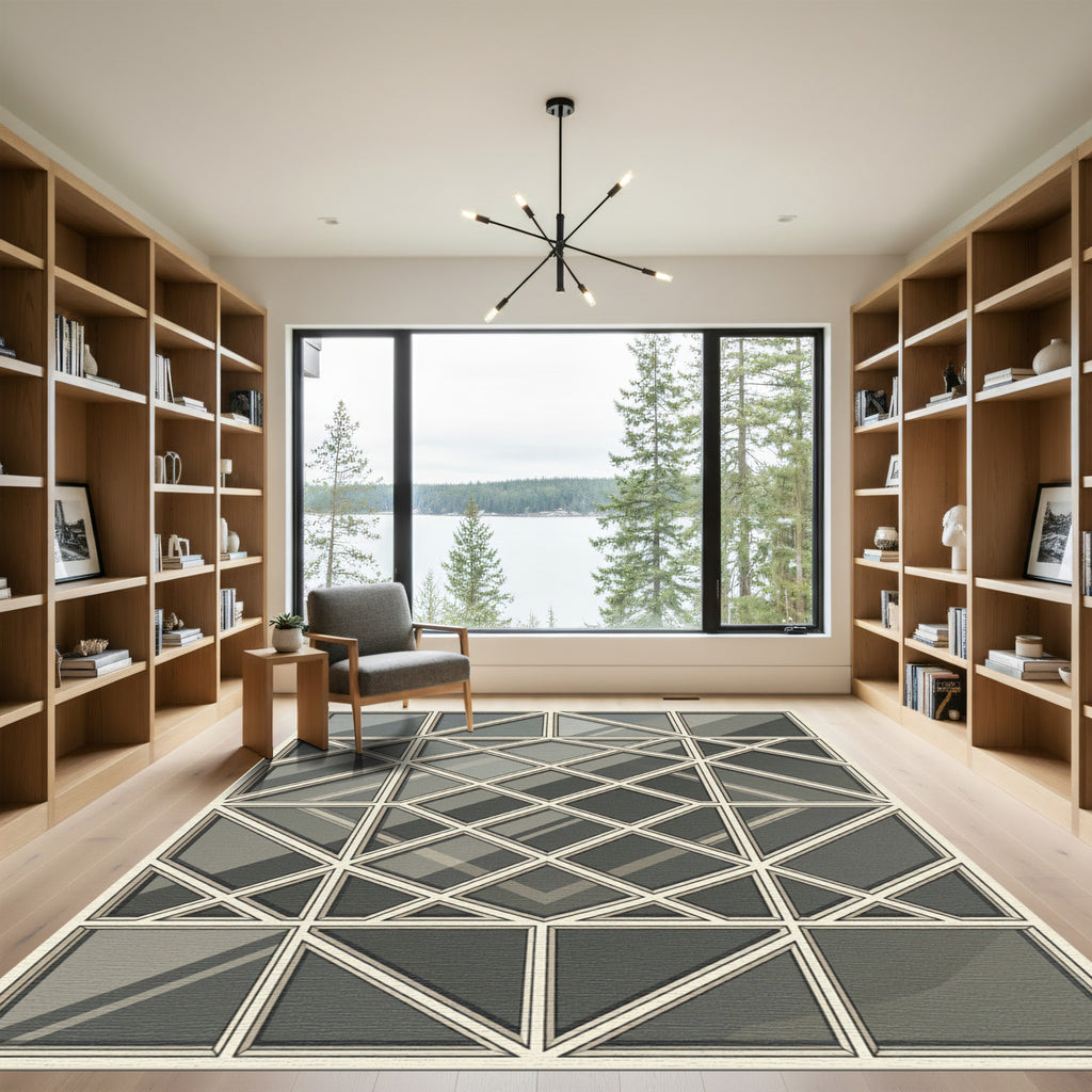 Sophisticated Charcoal Geometric Grid Rug
