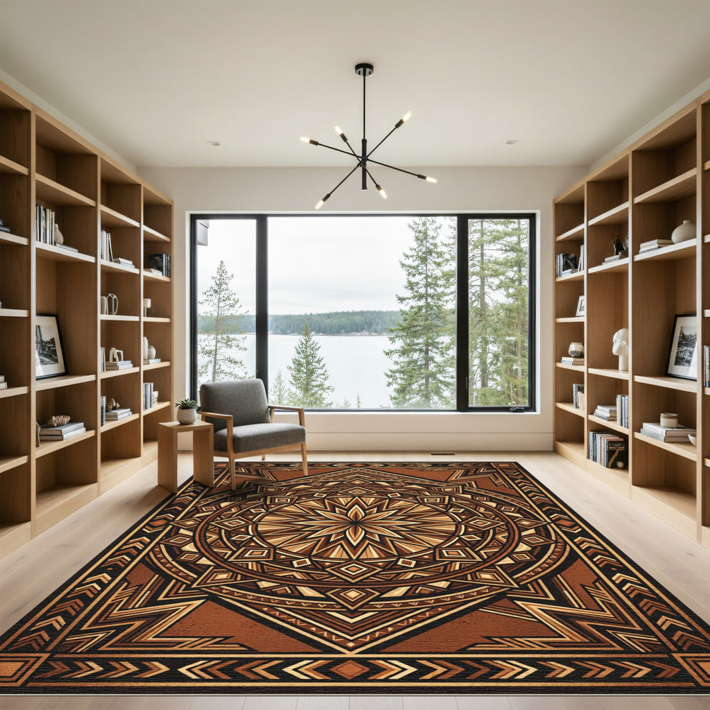 Earthy Brown Geometric Mandala Artwork Rug