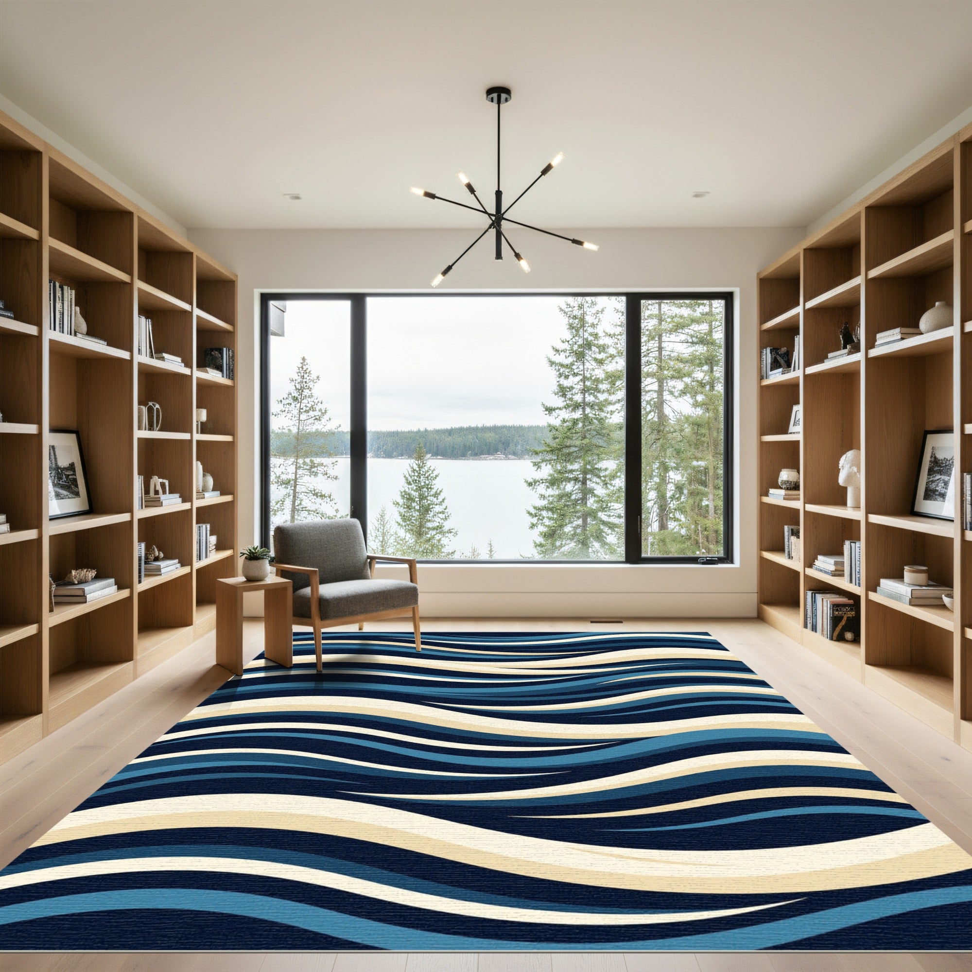 Abstract Navy and Cream Flowing Wave Rug