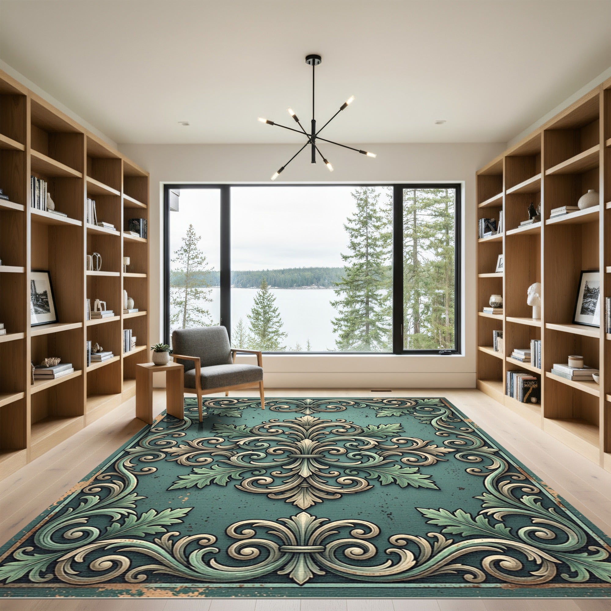Elegant Teal Acanthus Scrollwork Medallion Rug