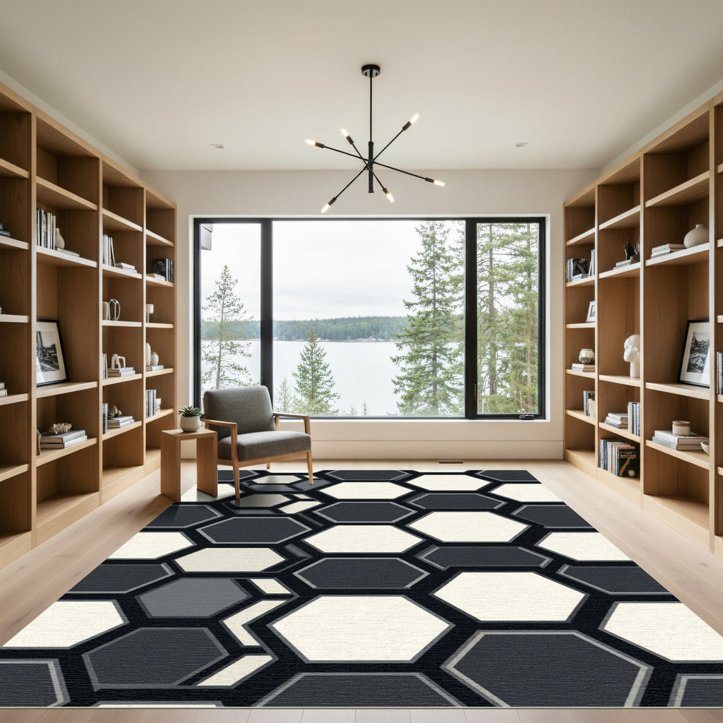 Modern Monochrome Geometric Hexagon Abstract Rug