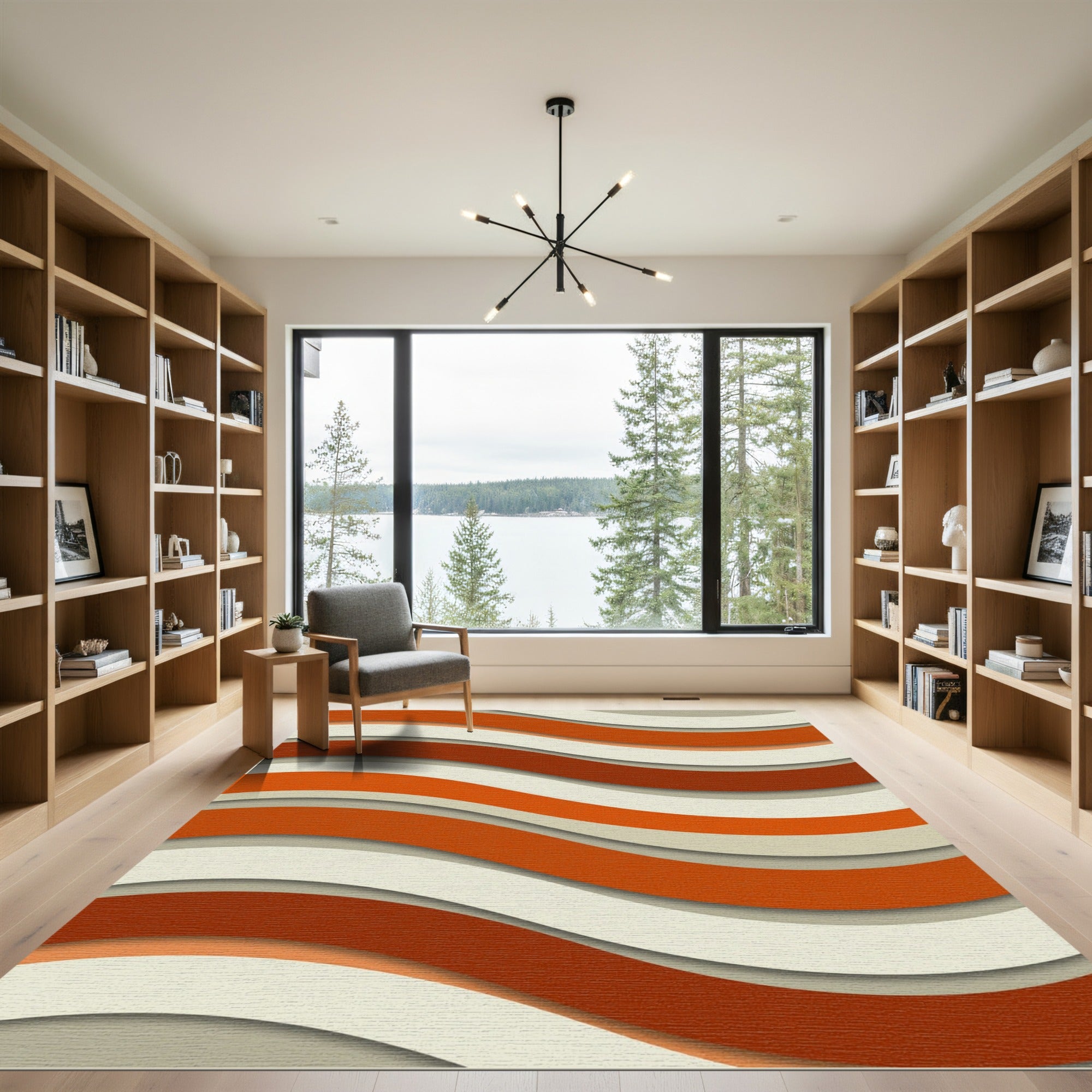 Modern Burnt Orange Wavy Stripe Rug