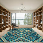 Teal Gold Ornate Geometric Diamond Rug