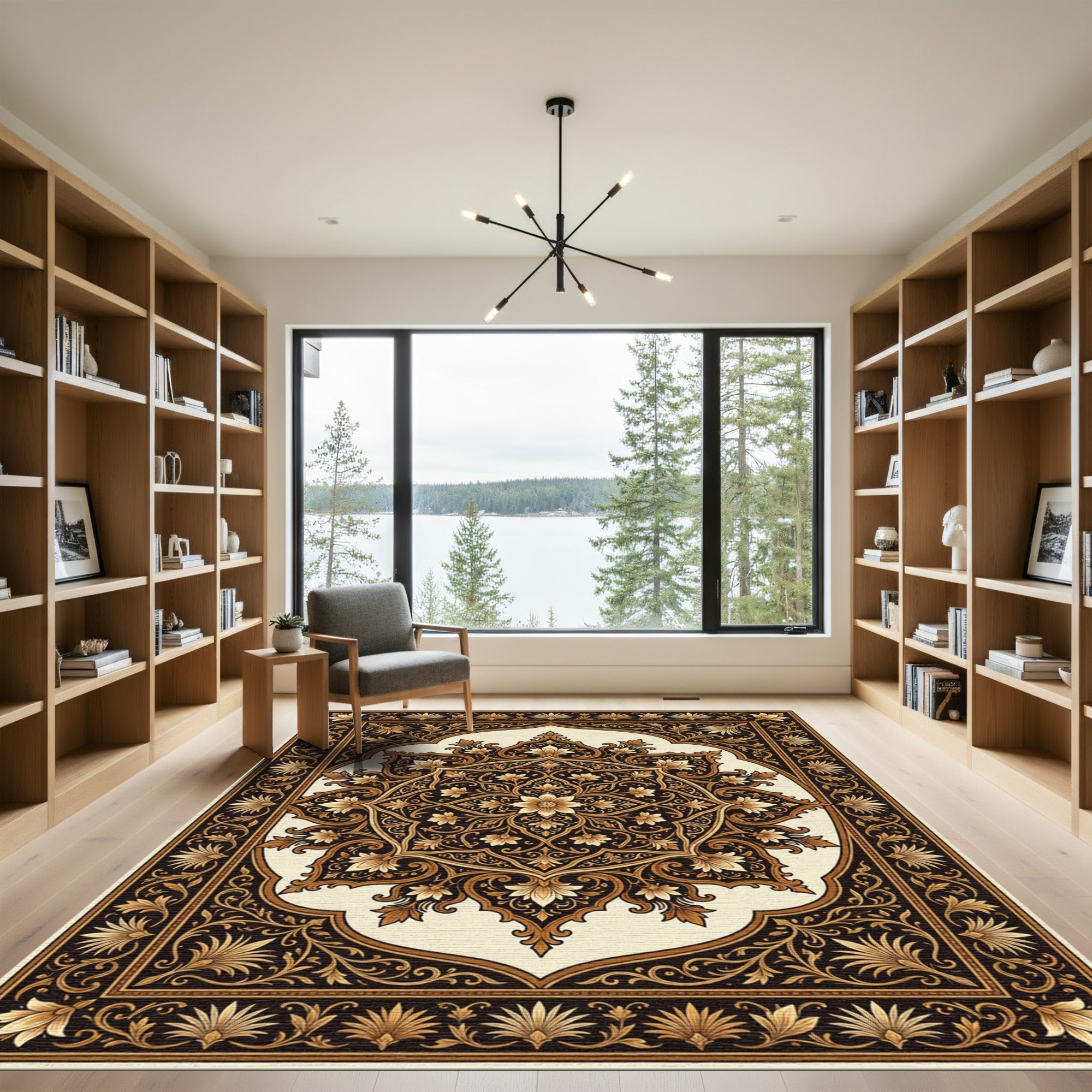Elegant Dark Brown Ornate Floral Medallion Rug