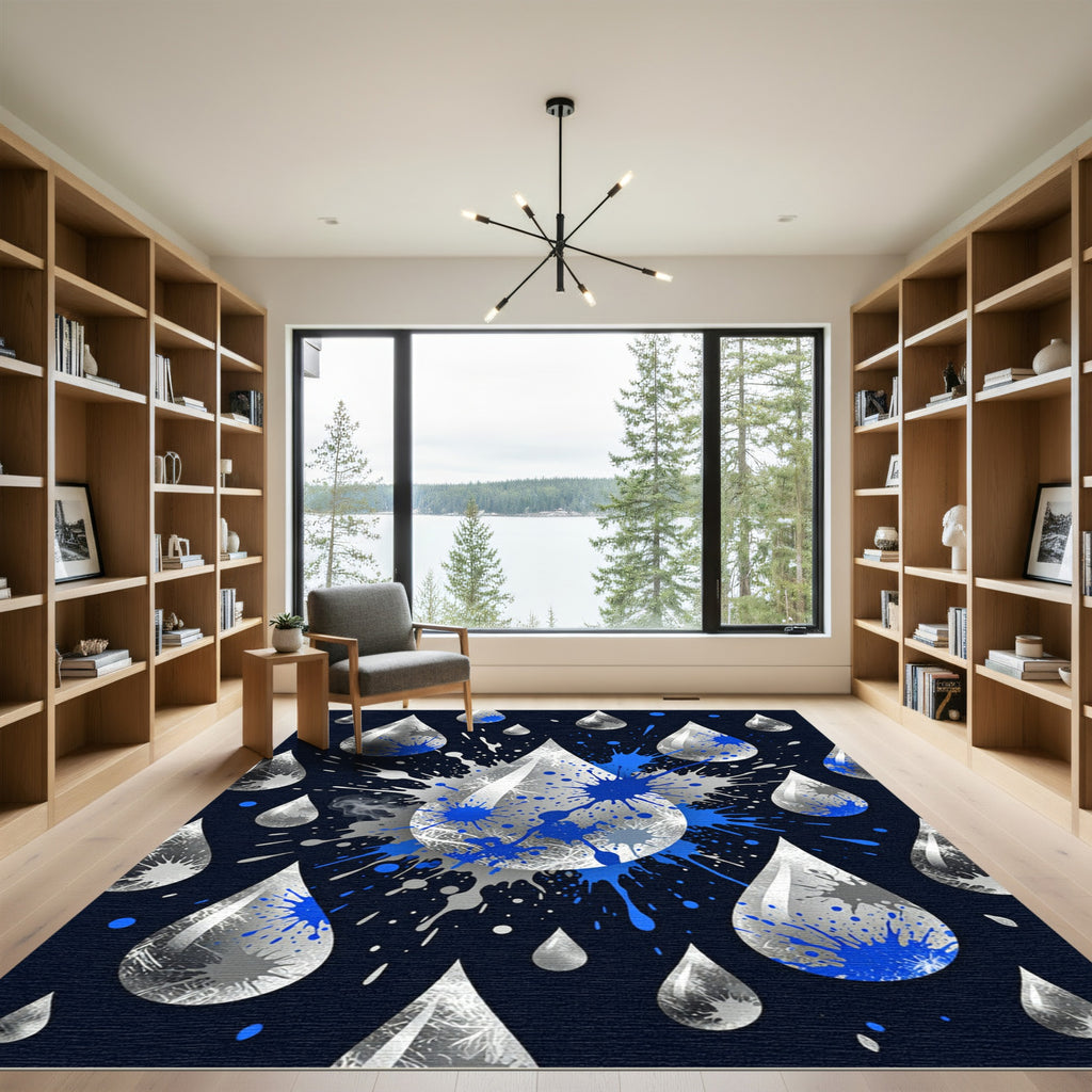 Silver Metallic Rain Blue Ink Splash Rug