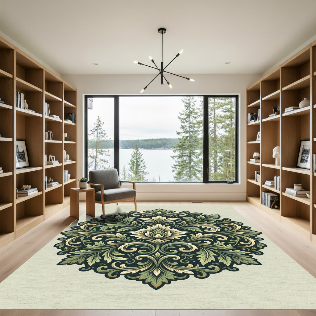 Elegant Sage Floral Damask Medallion Rug