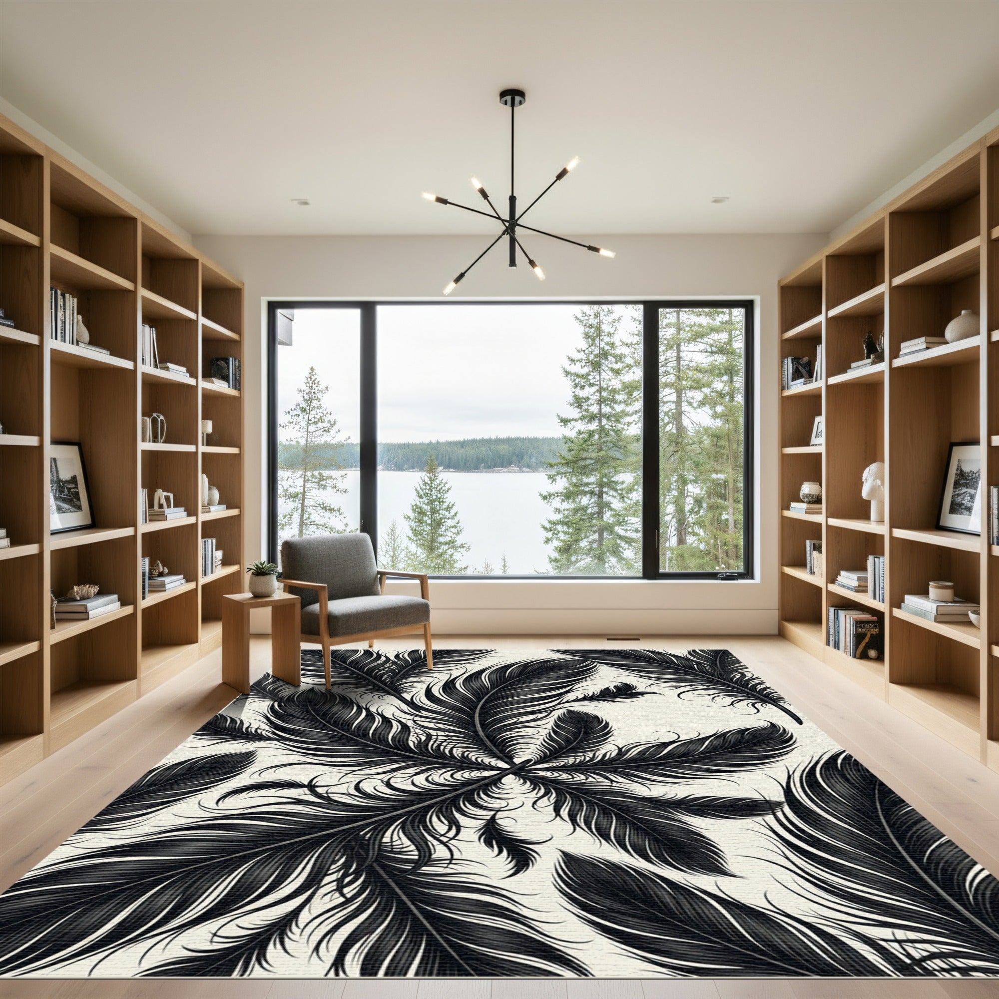 Elegant Black Feather Garden Arrangement Rug