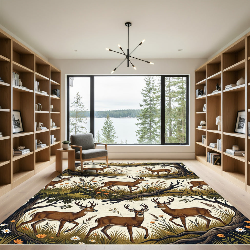 Rustic Woodland Deer Forest Meadow Rug