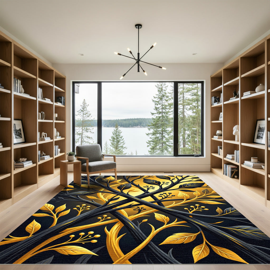 Dark Golden Branch Foliage Swirl Rug