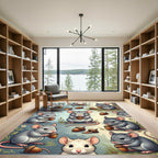 Whimsical Gray Mouse and Acorn Illustration Rug