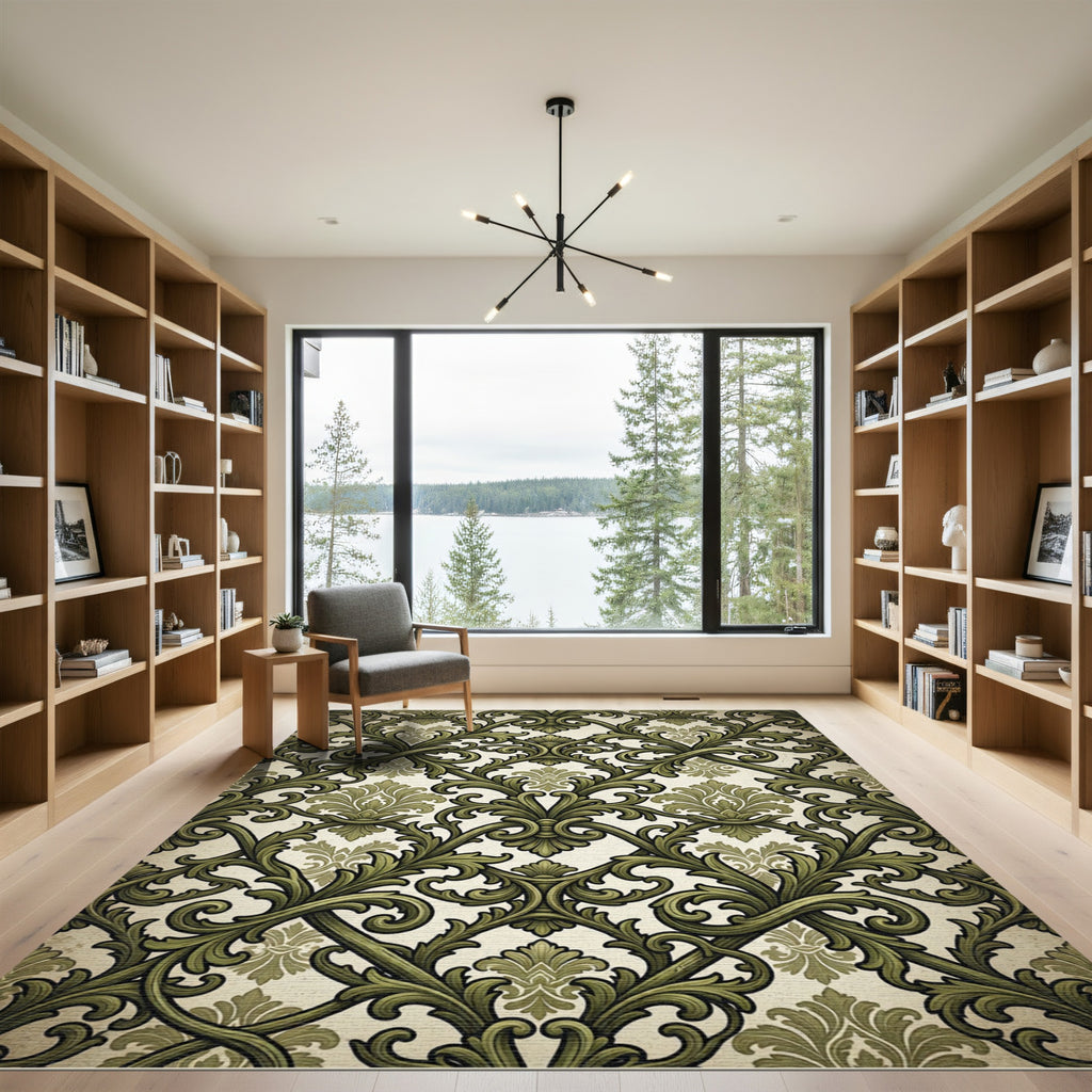 Olive Green Ornate Damask Scroll Rug