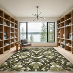Olive Green Ornate Damask Scroll Rug