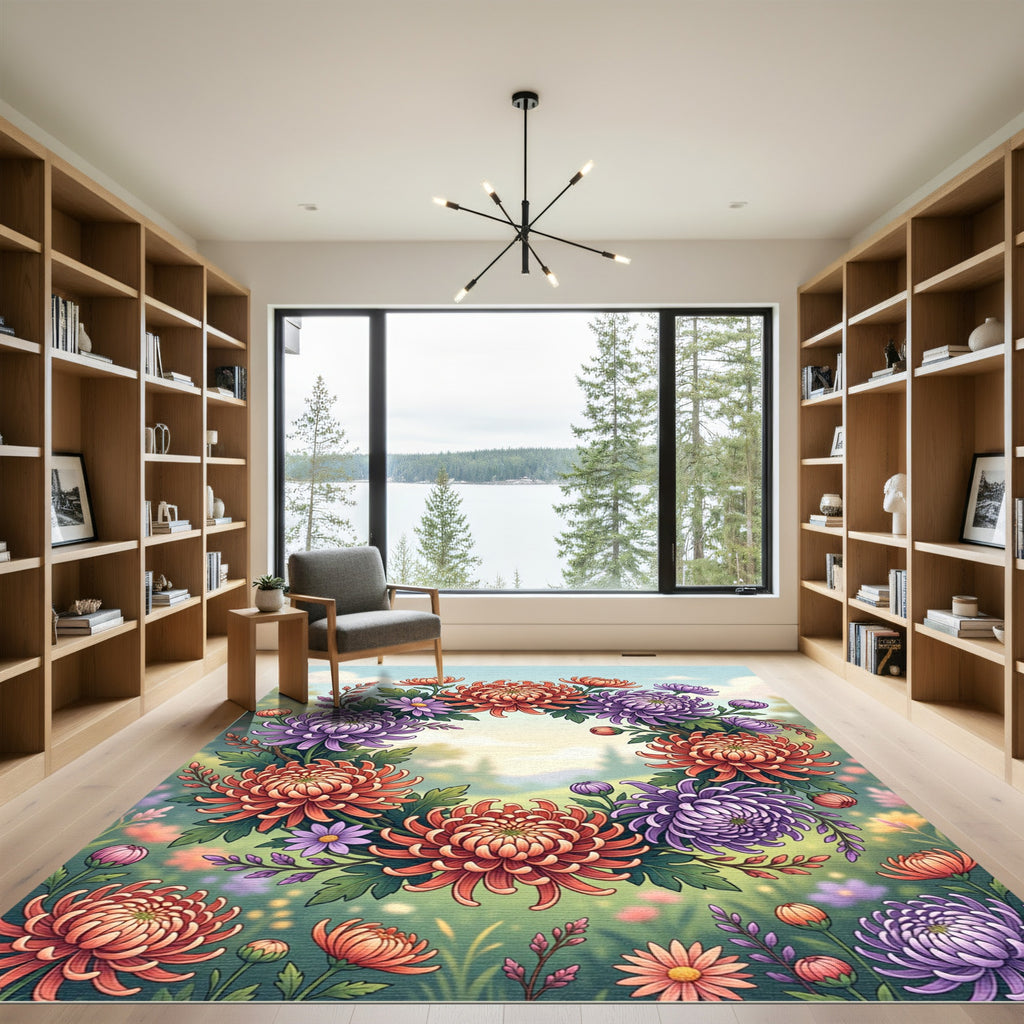 Vibrant Autumn Chrysanthemum Floral Wreath Rug