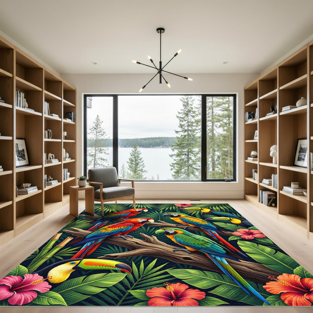 Vibrant Tropical Macaw and Toucan Jungle Rug