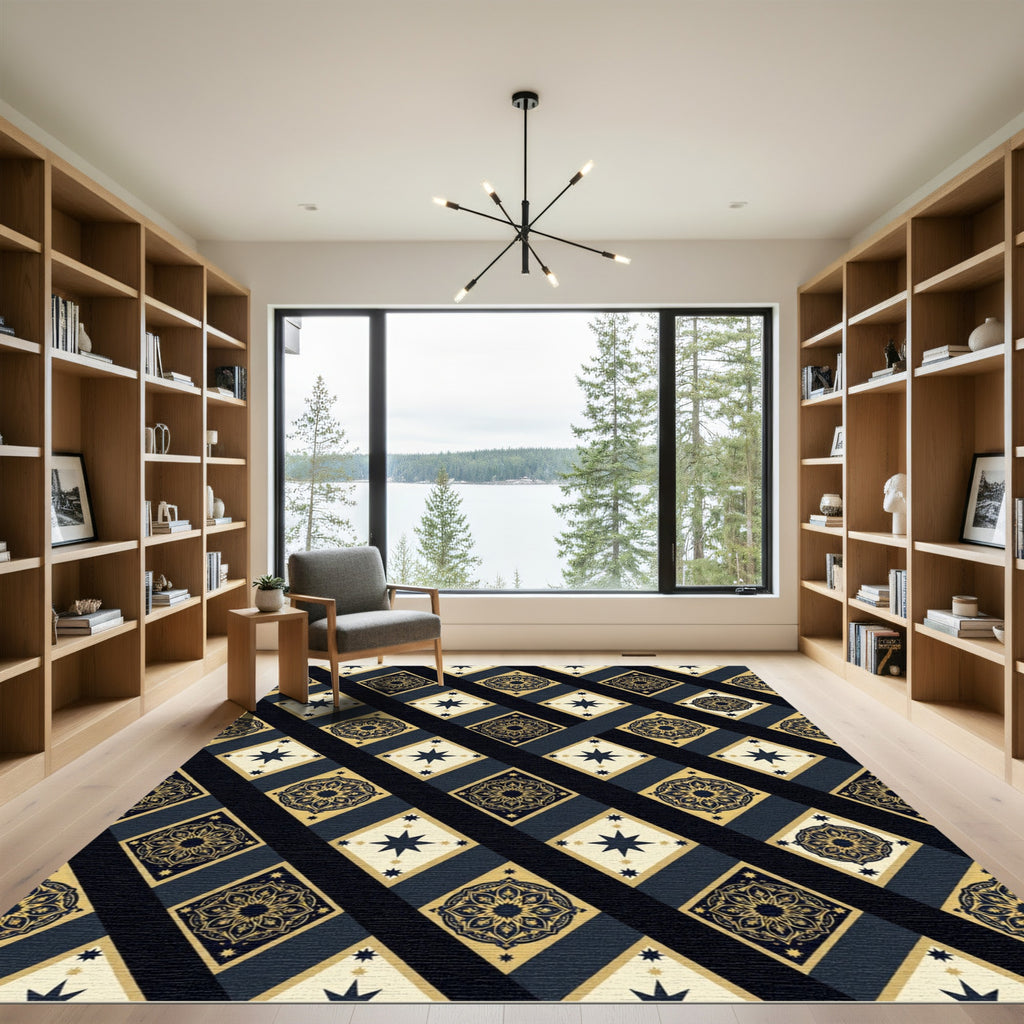 Navy Gold Celestial Diamond Medallion Rug