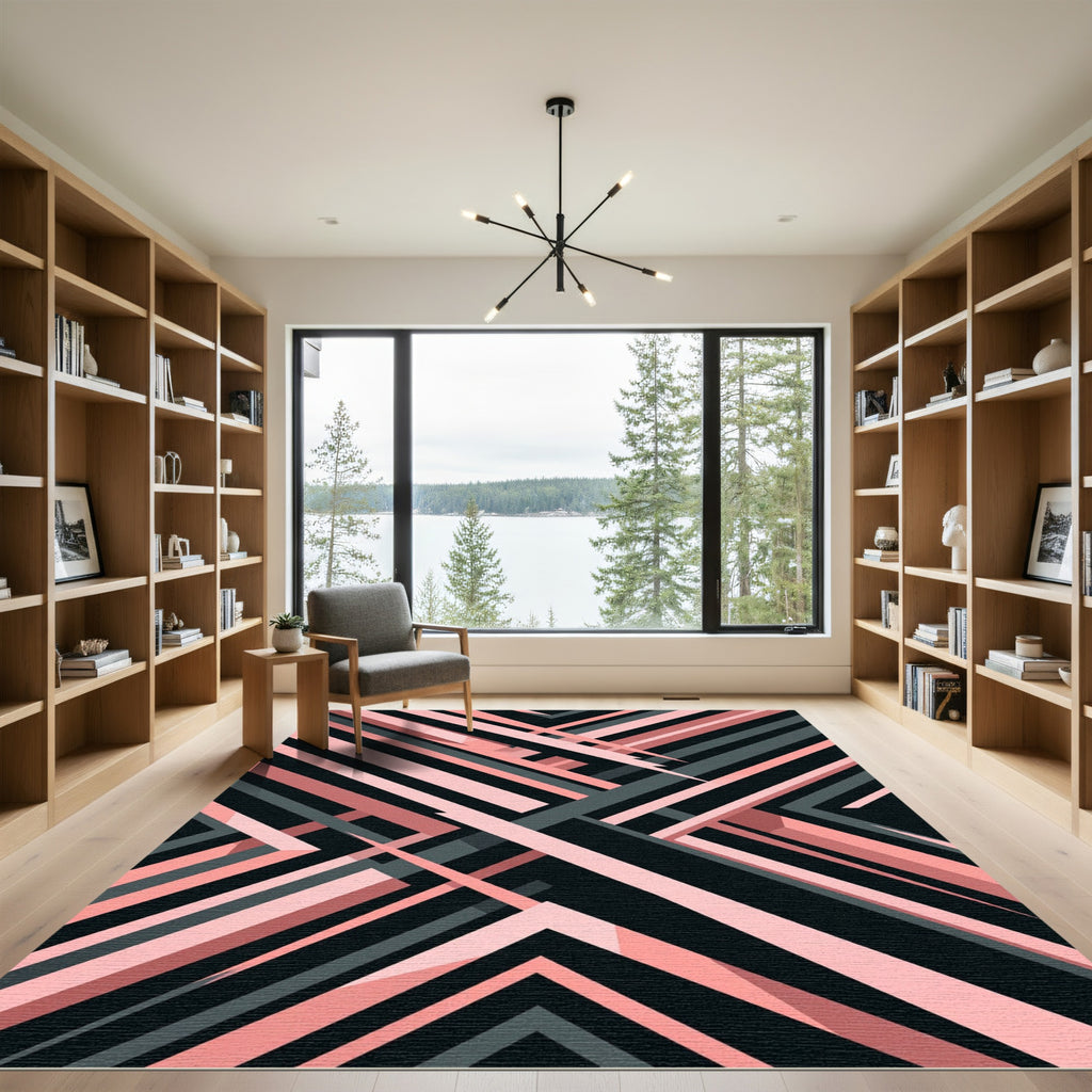 Modern Pink and Charcoal Linear Geometric Rug