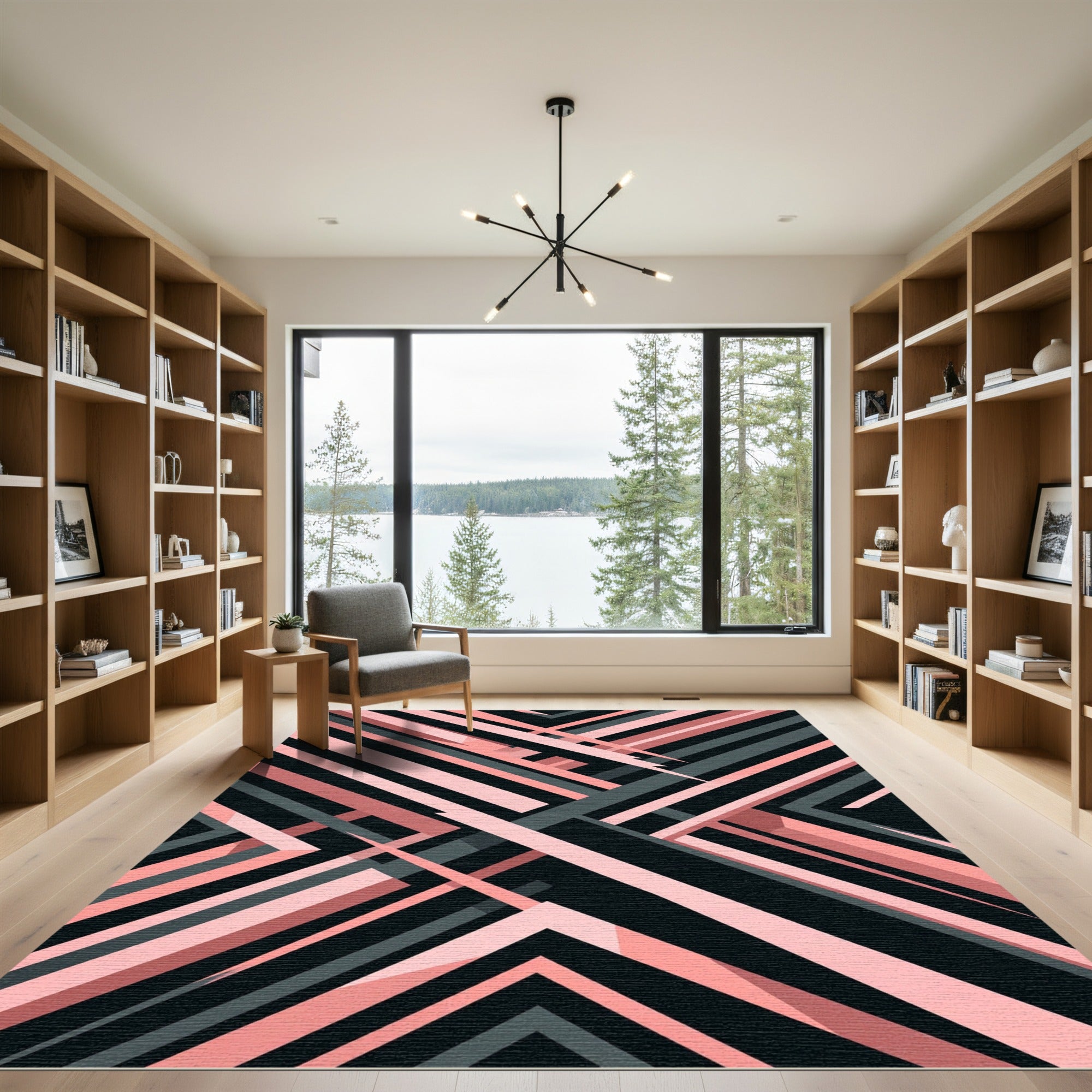 Modern Pink and Charcoal Linear Geometric Rug