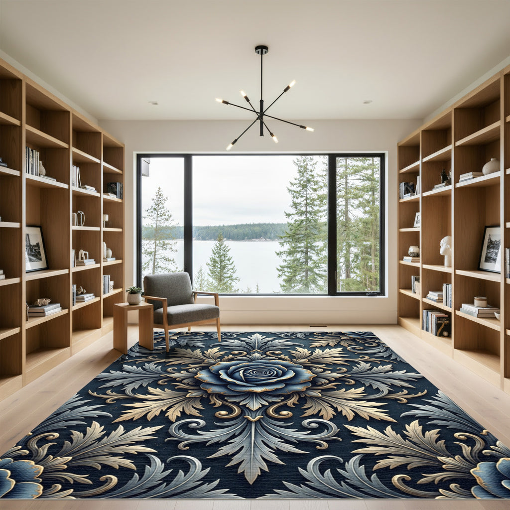 Elegant Navy Blue Rose Damask Scroll Rug