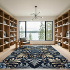 Elegant Navy Blue Rose Damask Scroll Rug