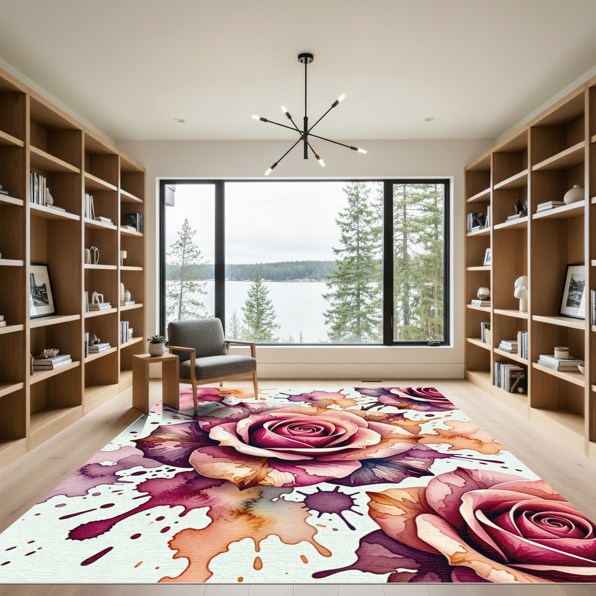 Rose Watercolor Splatter Floral Arrangement Rug