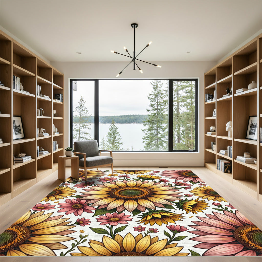 Whimsical Sunflower and Pink Floral Bouquet Rug
