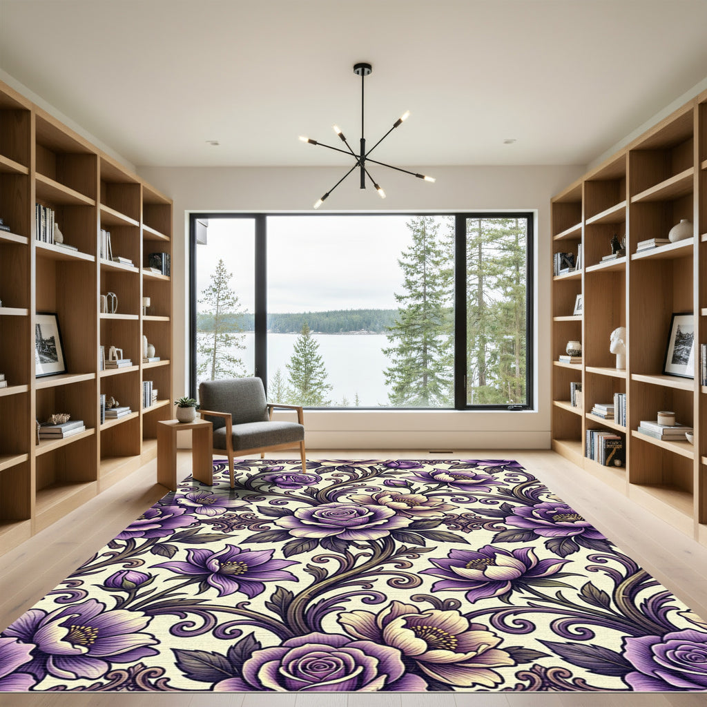 Ornate Amethyst Floral Scrollwork Rug