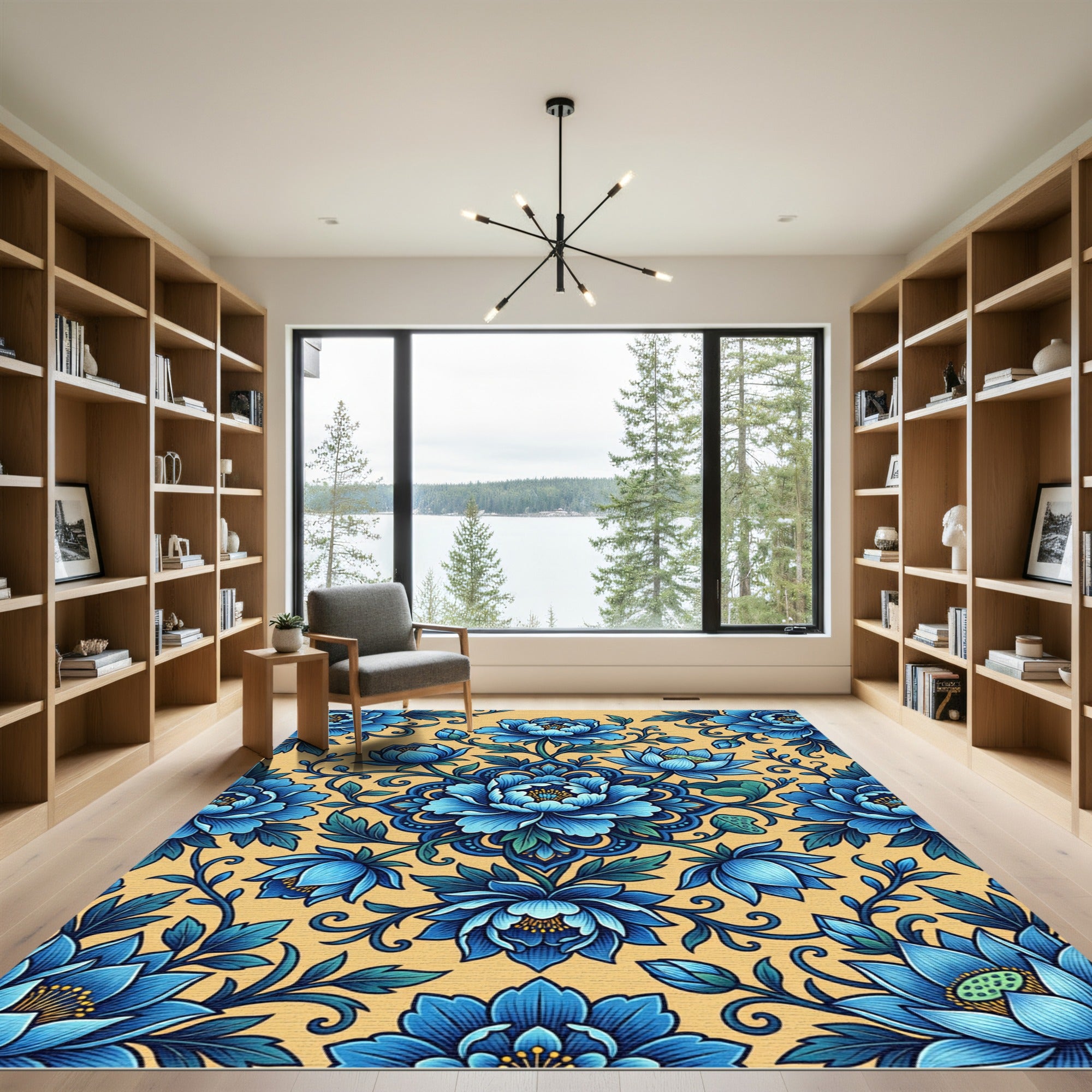 Blue Peony Medallion Floral Garden Rug