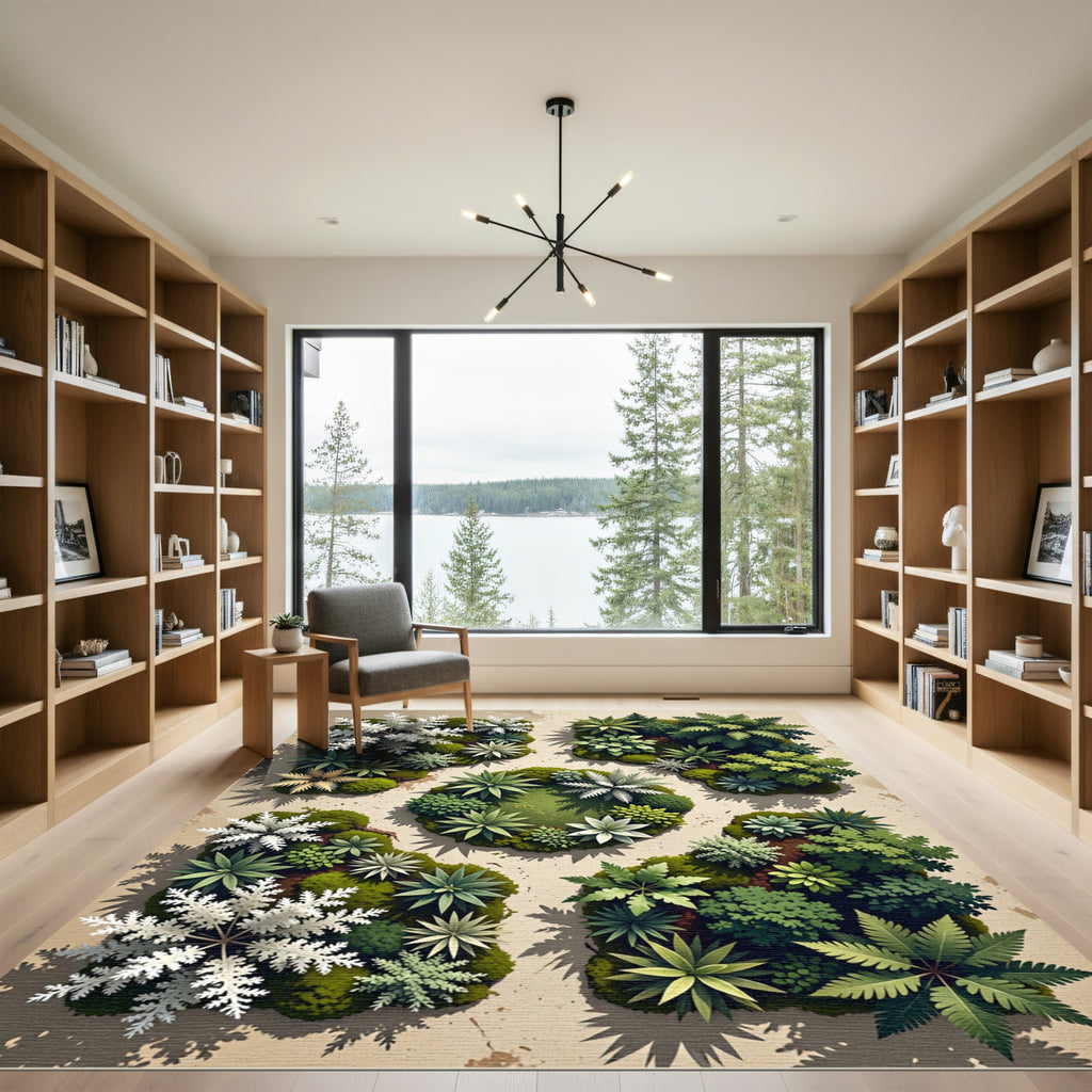 Lush Green White Tropical Foliage Rug