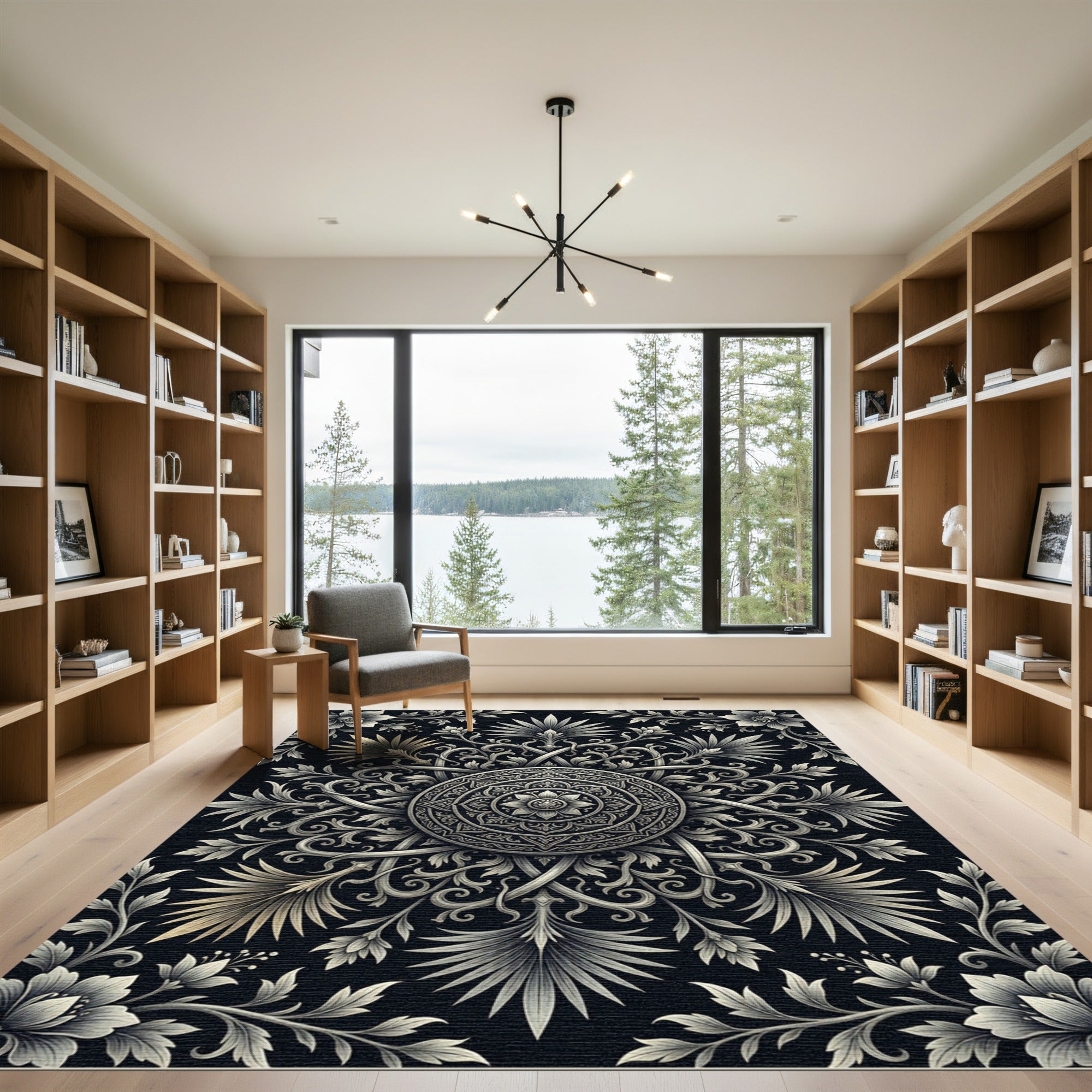 Detailed Silver Floral Mandala Statement Piece Rug