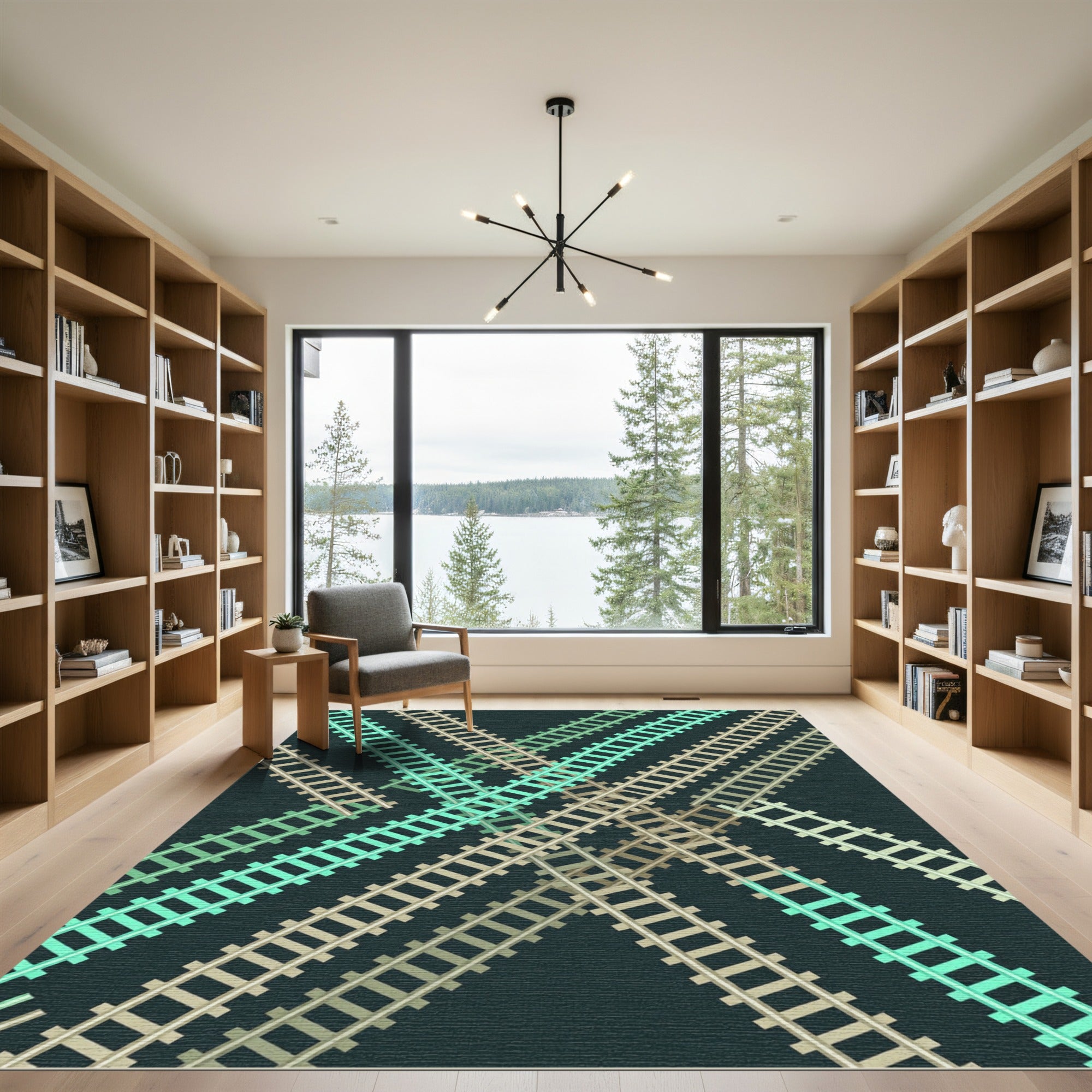 Crossed Tracks Aquamarine Tan Rug