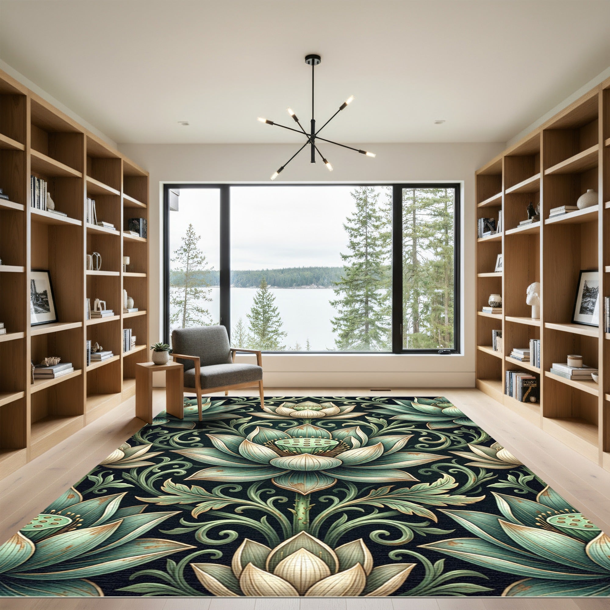 Sage Lotus Botanical Scroll Medallion Rug