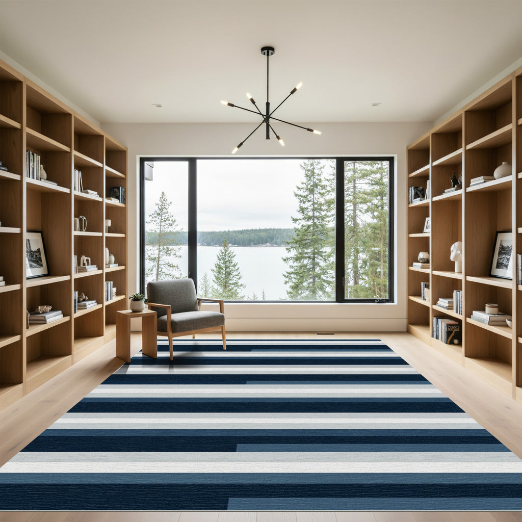 Modern Linear Navy and Light Blue Striped Rug