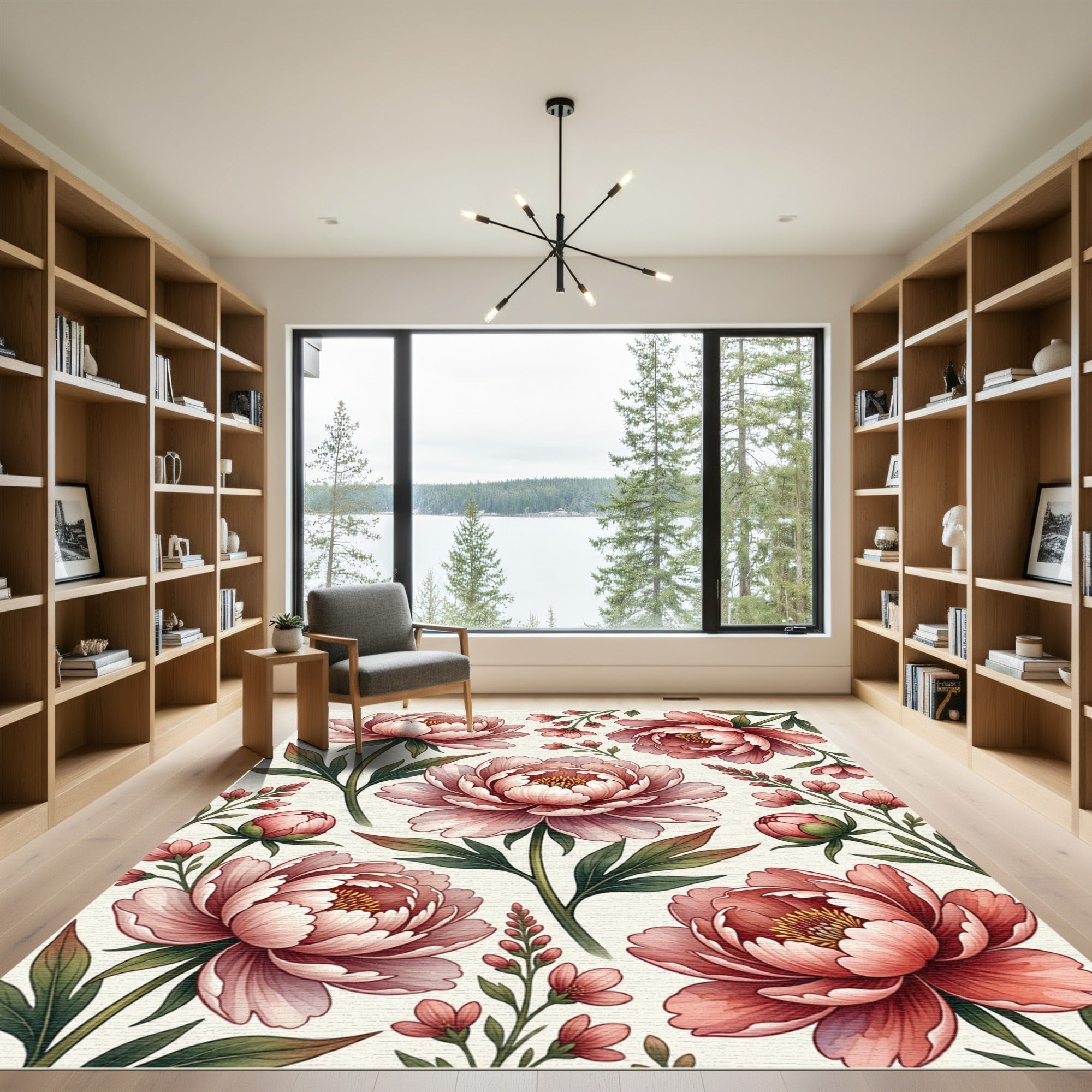 Elegant Blush Peony Botanical Illustration Rug