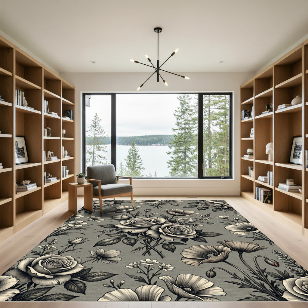 Monochromatic Floral Rose Poppy Arrangement Rug