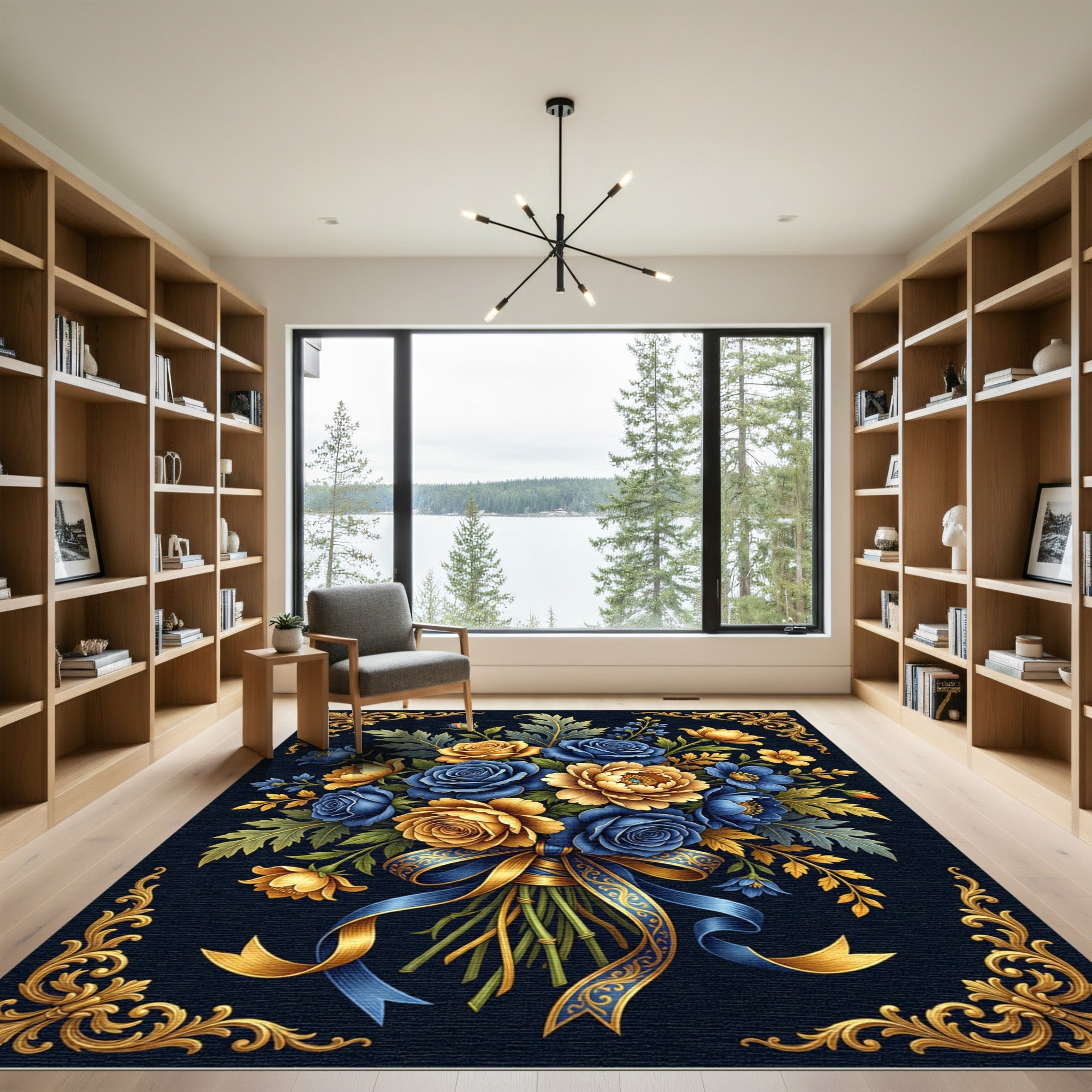 Golden Rose and Navy Floral Bouquet Rug