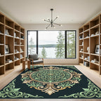 Ornate Sage and Gold Damask Medallion Rug