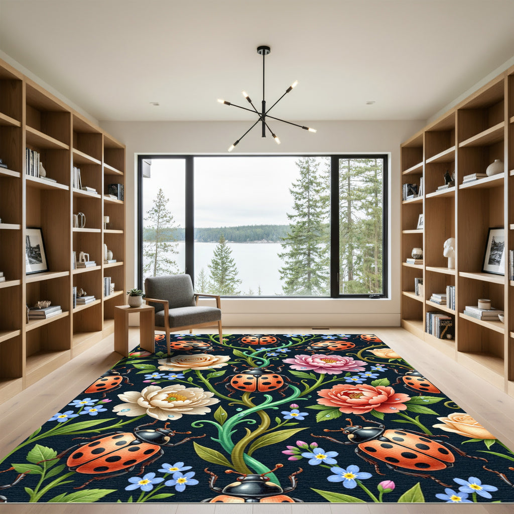 Whimsical Ladybug Floral Garden Rug