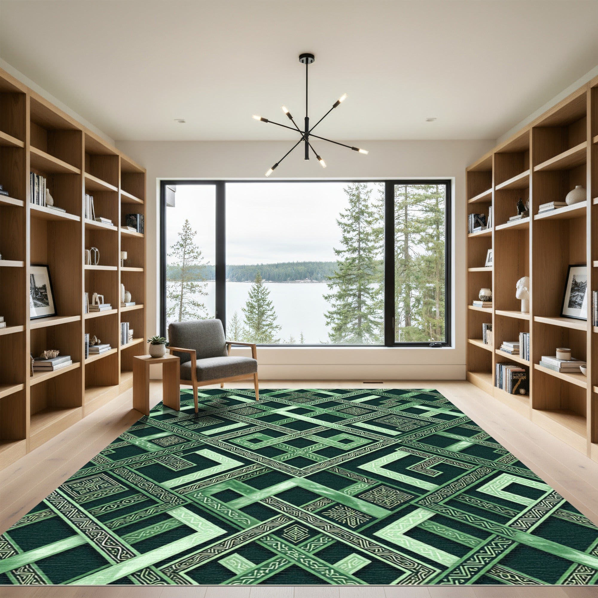 Geometric Emerald Interlocking Square Art Rug